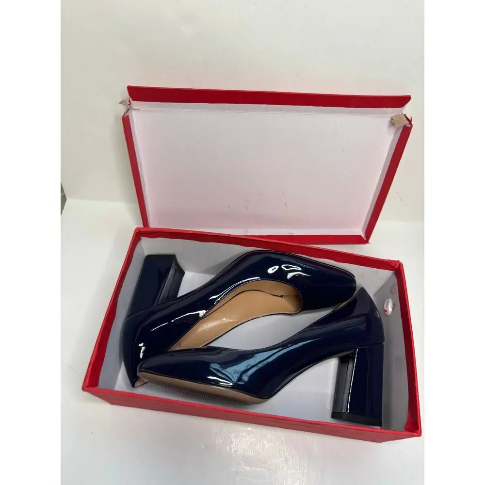 Wayderns Vintage Patent Leather Navy Blue Block Heel Pumps Womens 8.5 NIB